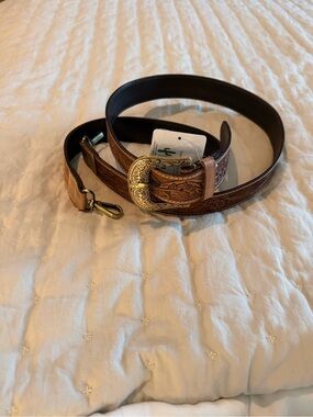 Leather Tooled Brown Western crossbody purse strap Decorative Brass Buckle